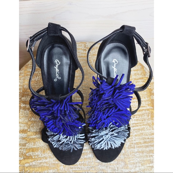 Black Stiletto Heels with Blue Pom Pom Detailing - Picture 5 of 6
